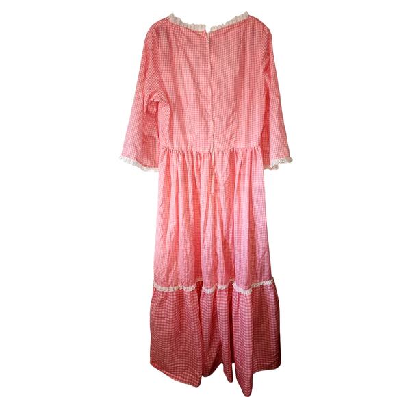 Vintage Handmade Pink Gingham Prairie Cottagecore Lace Maxi Dress L/XL - Picture 3 of 7